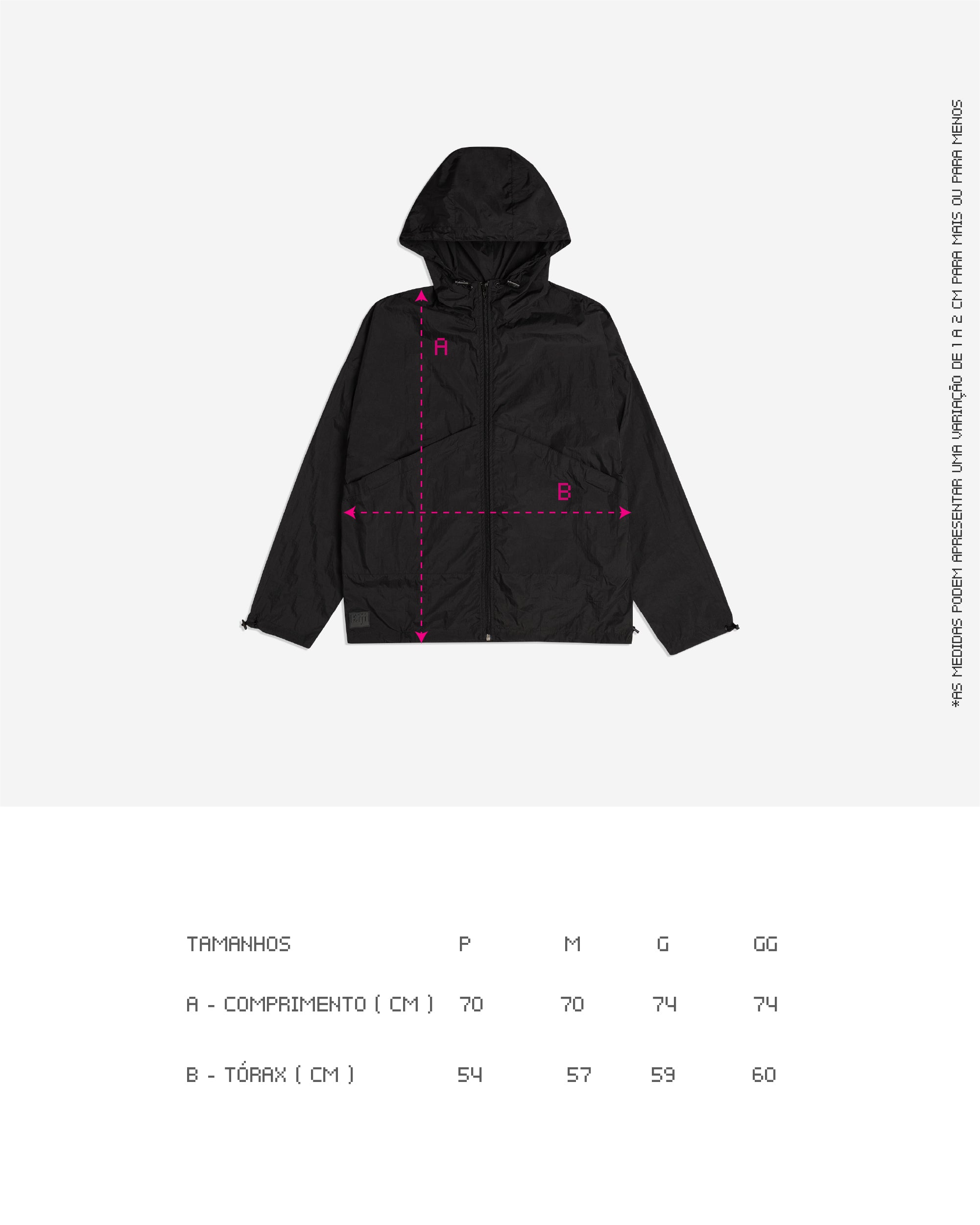 Tabela de medidas da Jaqueta Wind Kiji Preta , disponível do P ao GG, todos os tamanhos estão detalhados na descrição do produto.