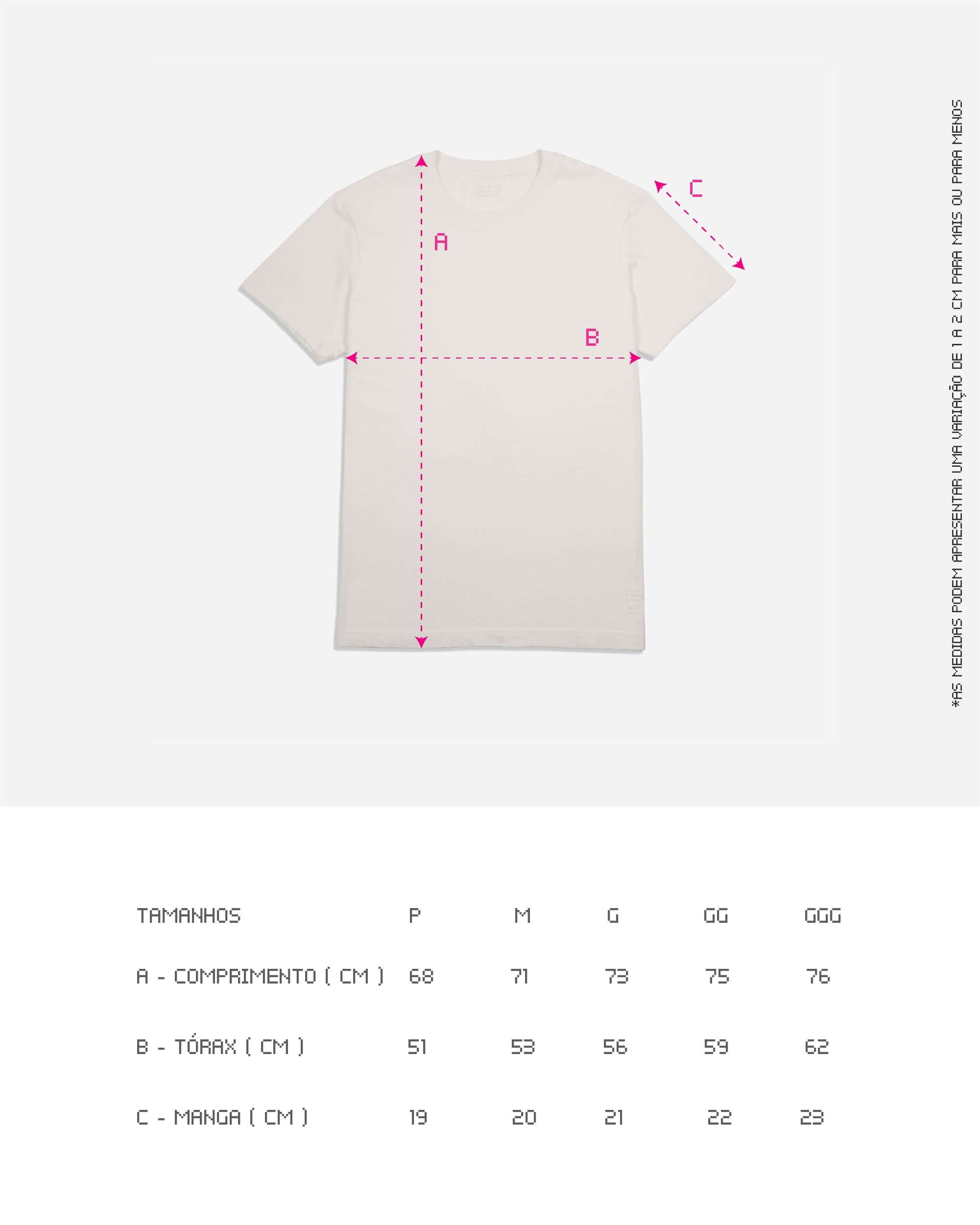 Tabela de medidas da T-Shirt Classic Kiji x Maxime Merci Rio em Off White, com medidas em centímetros.