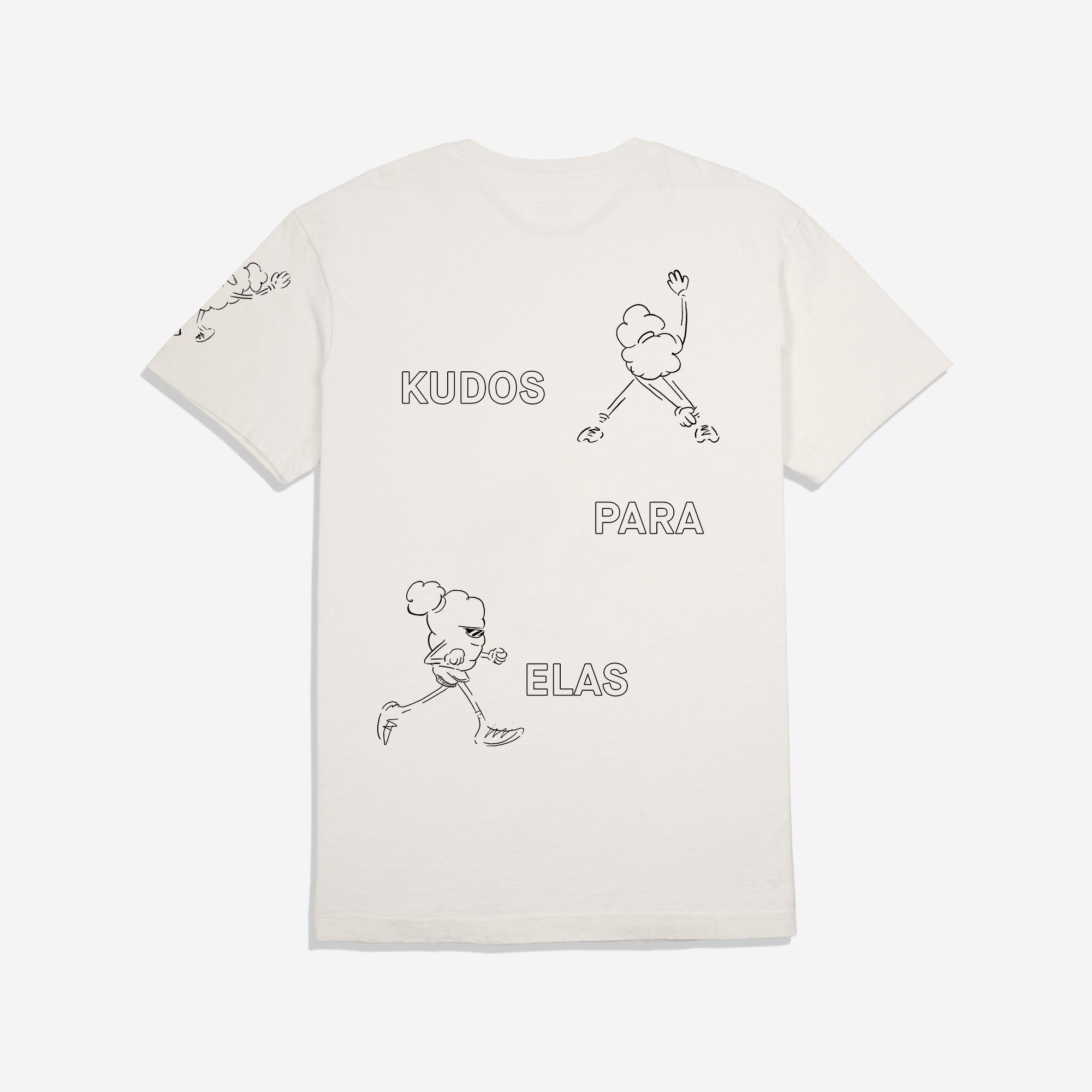 Foto Still das costas T-Shirt Classic Kiji Stravita, na estampa temos uma versão da Stravita e uma dela correndo, além dos dizeres "Kudos para elas"