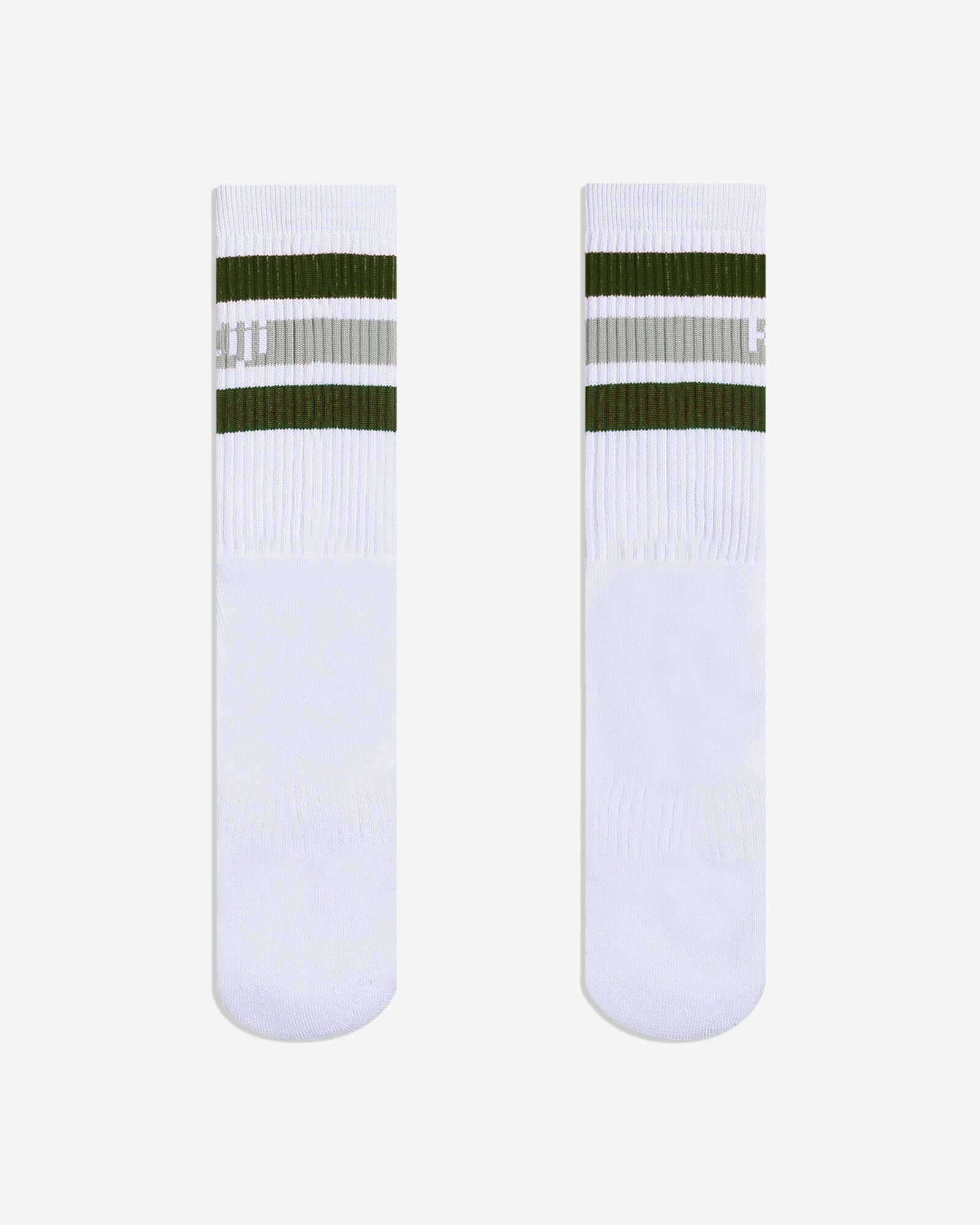 Meias Kiji Stripes SK8 de algodão vistas de costas, a meia é branca com o detalhe de 3 listras (verde, bege e verde) na canela.