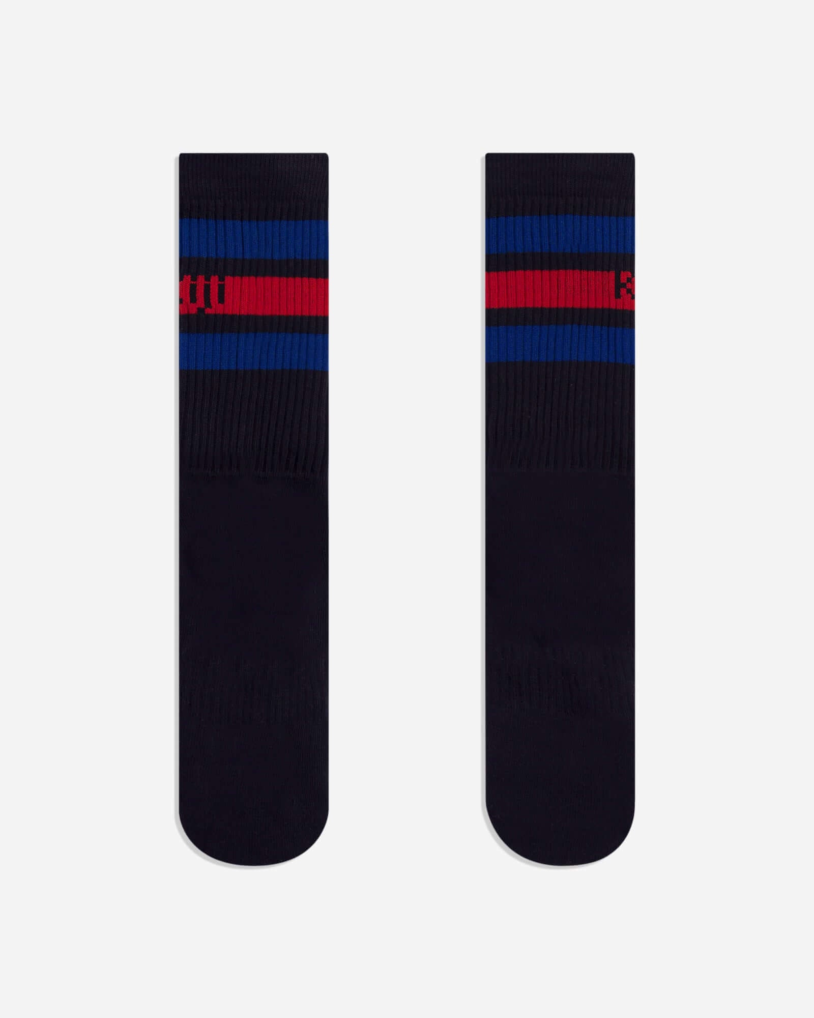 Meias Kiji Stripes SK8 de algodão vistas de costas, a meia é branca com o detalhe de 3 listras (azul, vermelho e azul) na canela.