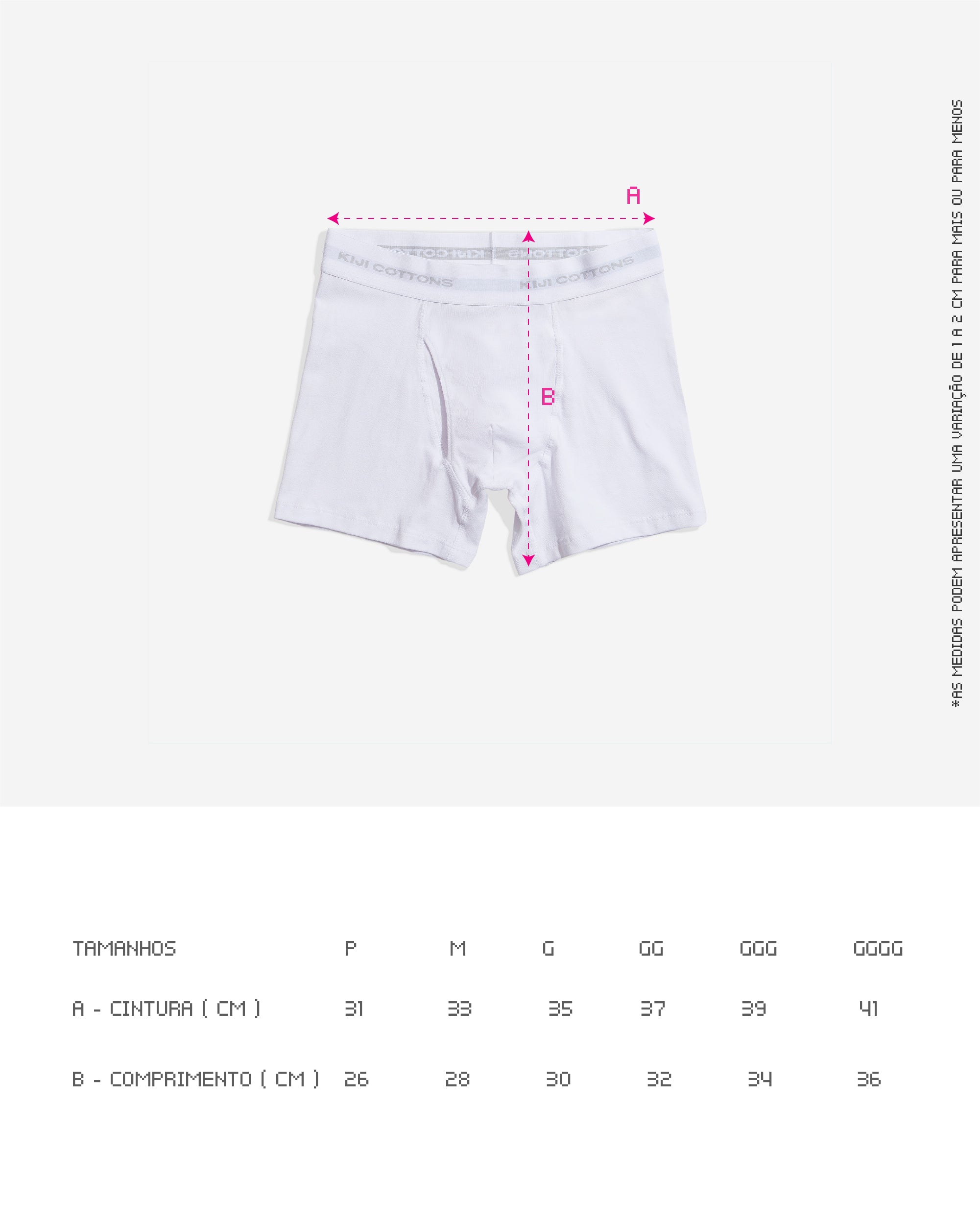 Guia de tamanhos da Cueca Boxer Kiji, valido para as 2 cores, as medidas estão disponíveis na descrição do produto.