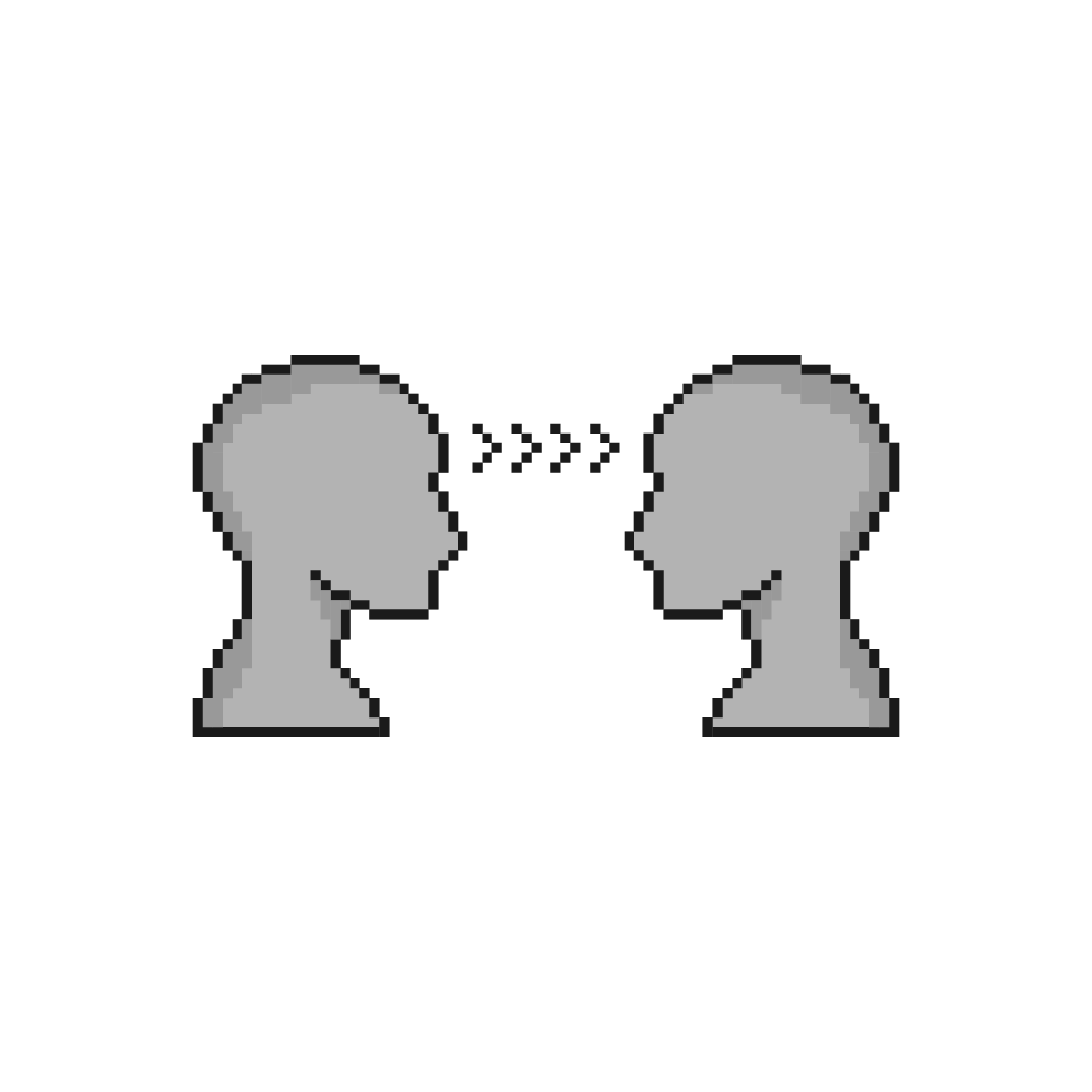 Vetor 8-Bit de 2 cabeças trocando idéias, simbolizando o processo de Briefing