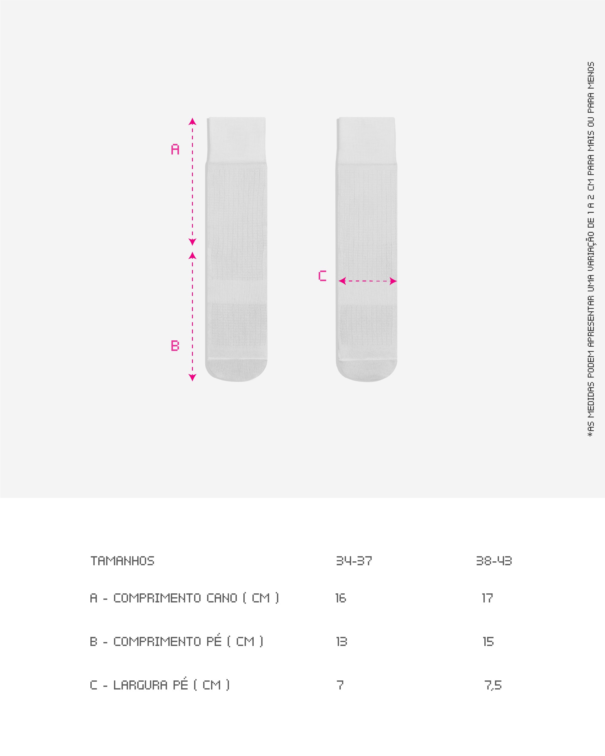 Guia de Tamanhos da Meia Kiji Running and Cycling, disponíveis em 2 tamanhos: para quem calça de 34 à 37 ou 38 à 43. também está disponível por completo na descrição do produto.