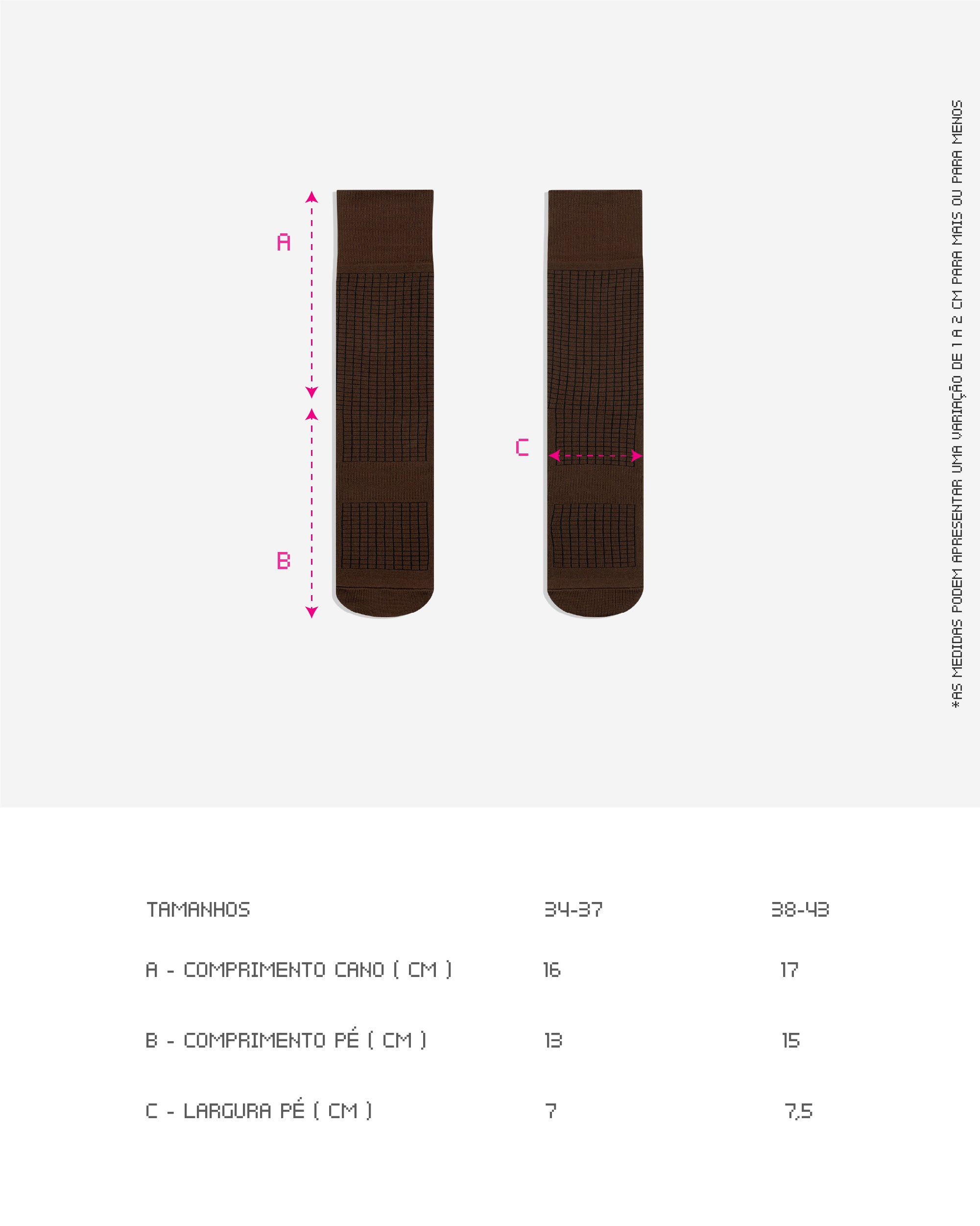 Guia de Tamanhos da Meia Kiji Running and Cycling, disponíveis em 2 tamanhos: para quem calça de 34 à 37 ou 38 à 43. também está disponível por completo na descrição do produto.