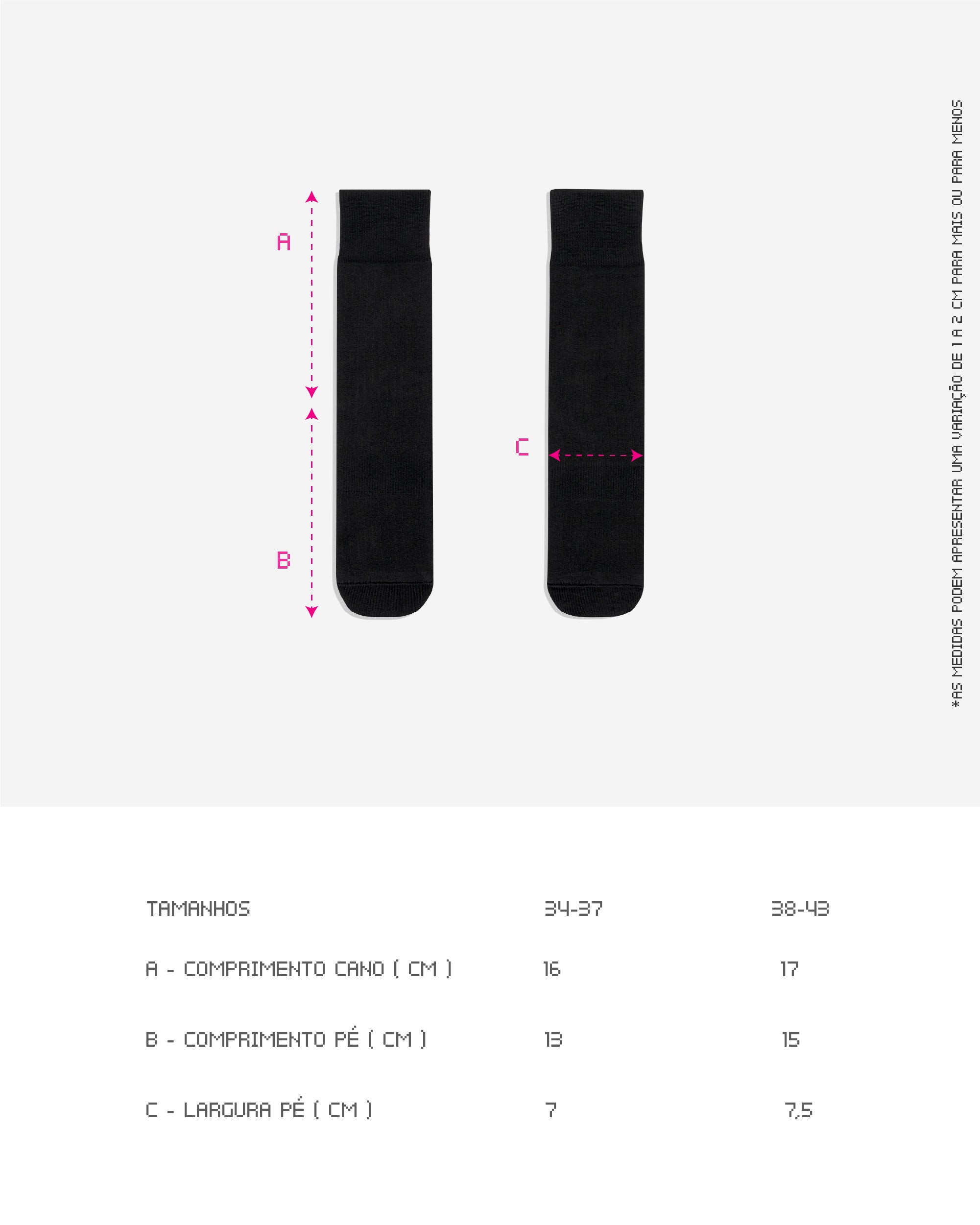 Guia de Tamanhos da Meia Kiji Running and Cycling, disponíveis em 2 tamanhos: para quem calça de 34 à 37 ou 38 à 43. também está disponível por completo na descrição do produto.