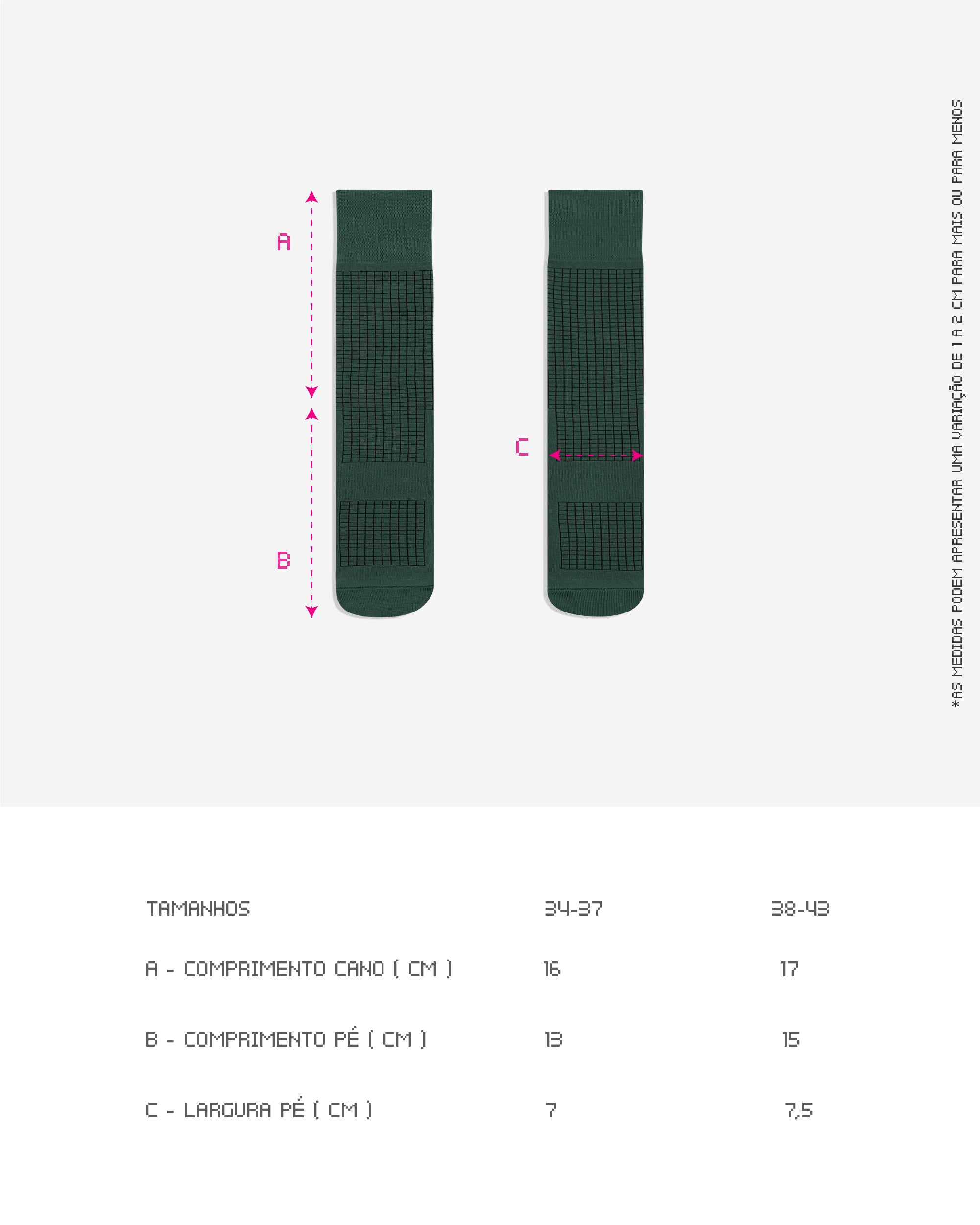 Guia de Tamanhos da Meia Kiji Running and Cycling, disponíveis em 2 tamanhos: para quem calça de 34 à 37 ou 38 à 43. também está disponível por completo na descrição do produto.