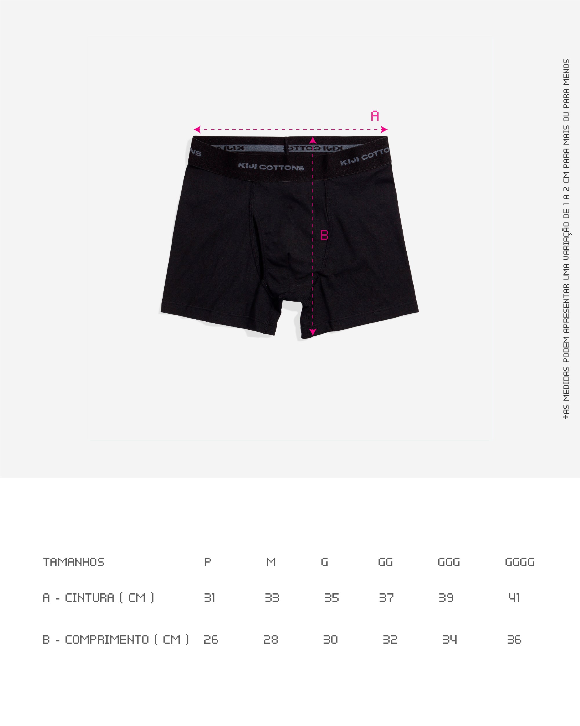 Guia de tamanhos da Cueca Boxer Kiji, valido para as 2 cores, as medidas estão disponíveis na descrição do produto.