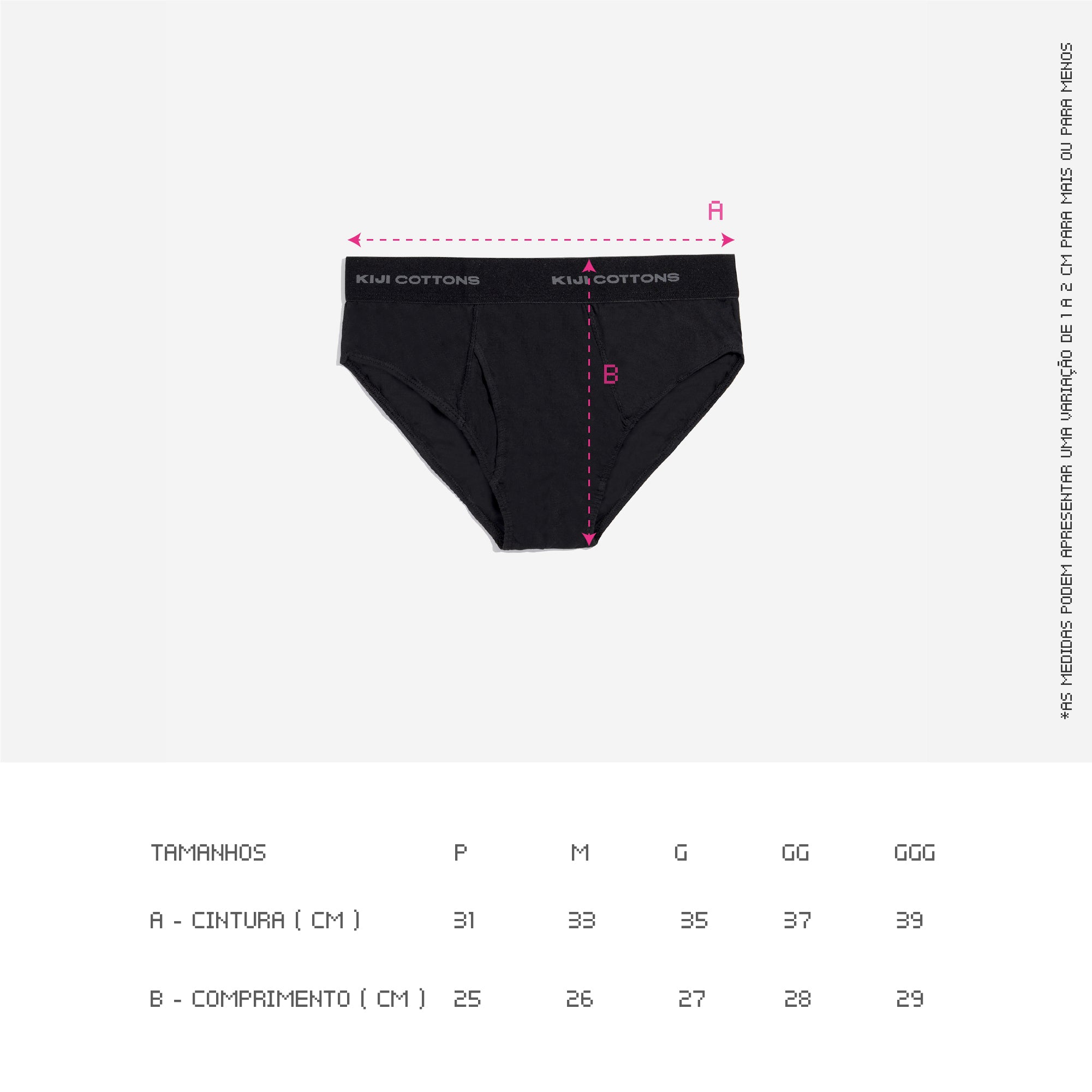 Guia de tamanhos da Cueca Slip Kiji, valido para as 2 cores, as medidas estão disponíveis na descrição do produto.