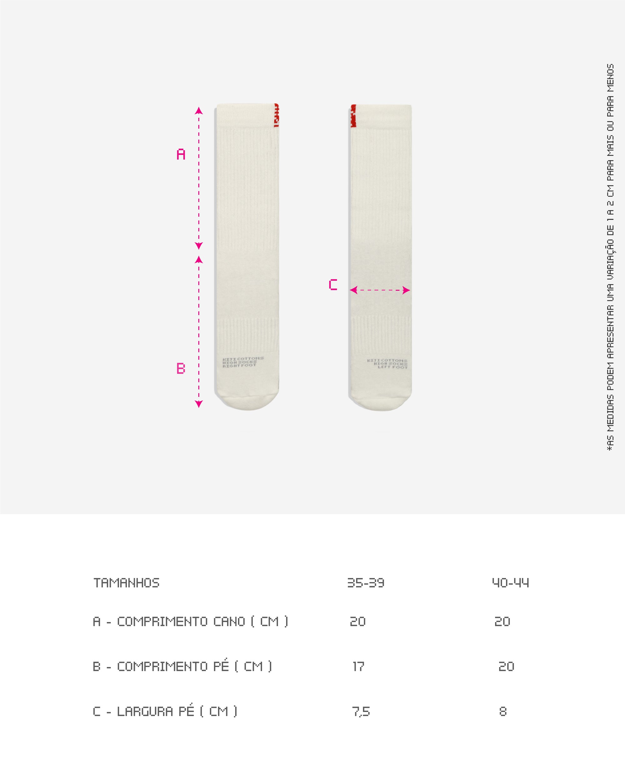 Guia de Tamanhos da Meia Cano Alto Kiji Flag, disponíveis em 2 tamanhos: para quem calça de 35 à 39 ou 40 à 44. também está disponível por completo na descrição do produto.