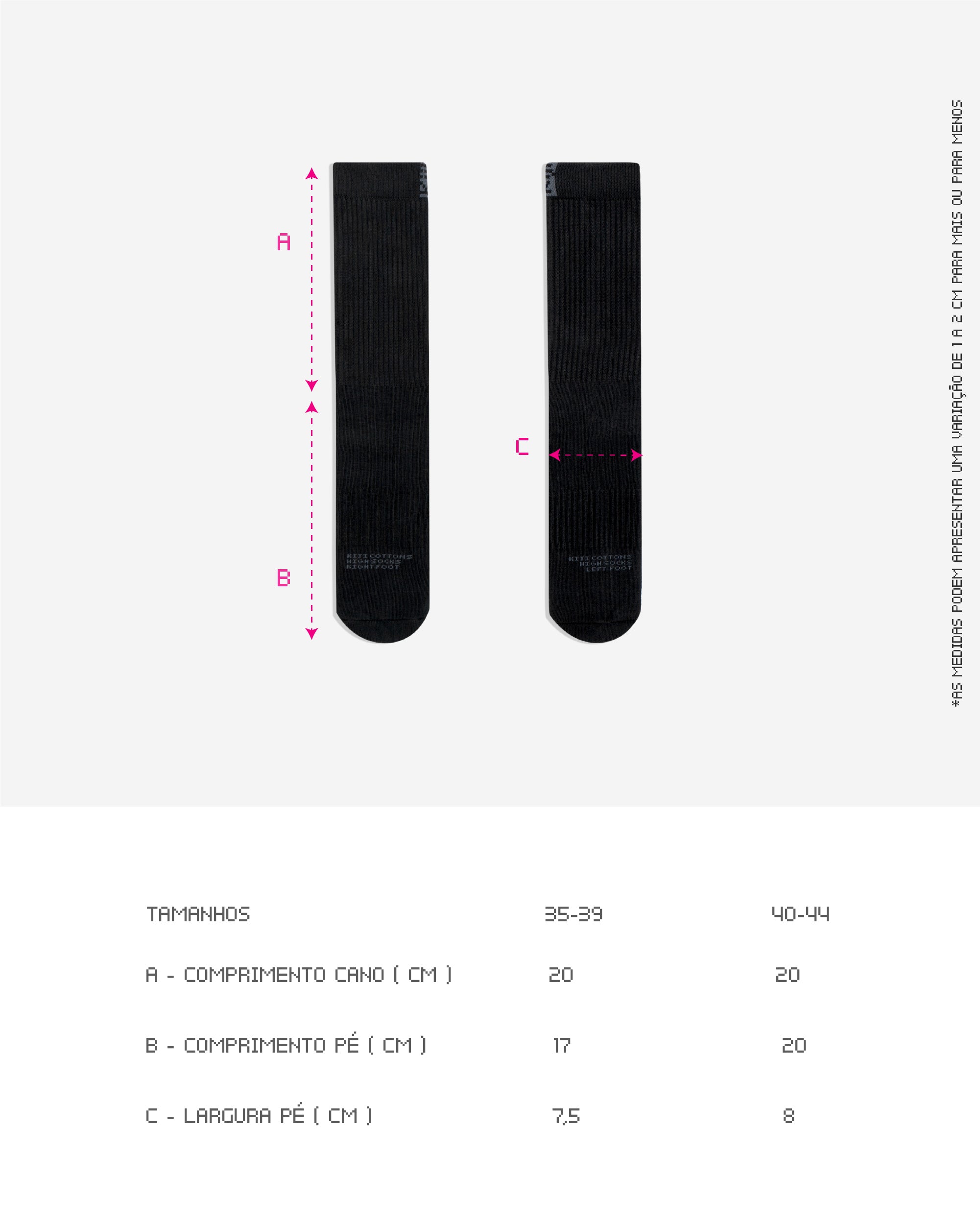 Guia de Tamanhos da Meia Cano Alto Kiji Flag, disponíveis em 2 tamanhos: para quem calça de 35 à 39 ou 40 à 44. também está disponível por completo na descrição do produto.