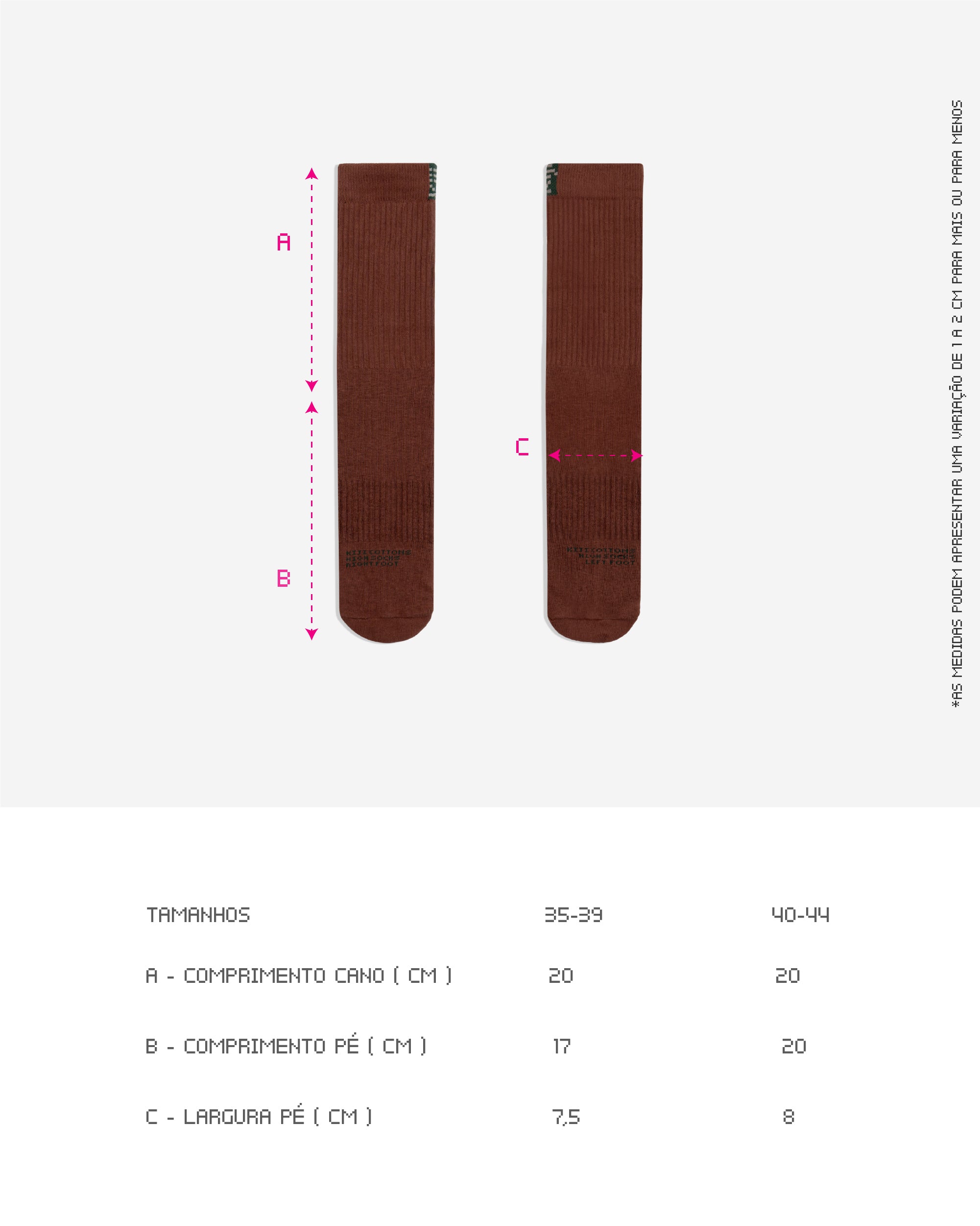 Guia de Tamanhos da Meia Cano Alto Kiji Flag, disponíveis em 2 tamanhos: para quem calça de 35 à 39 ou 40 à 44. também está disponível por completo na descrição do produto.