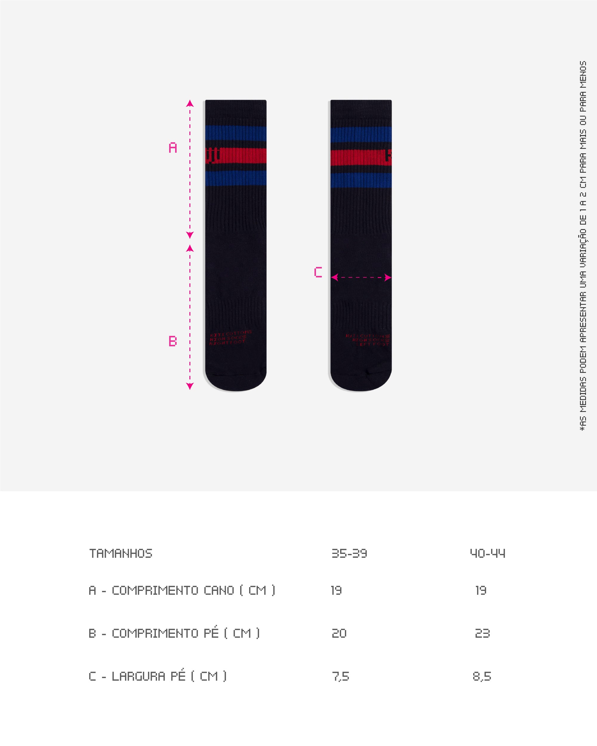 Guia de Tamanhos da Meia Kiji Stripes Sk8, disponíveis em 2 tamanhos: para quem calça de 35 à 39 ou 40 à 44. também está disponível por completo na descrição do produto.