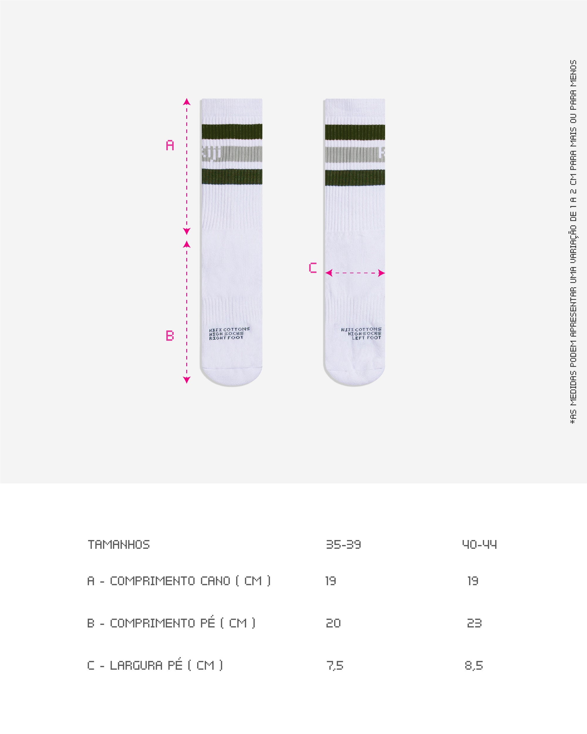 Guia de Tamanhos da Meia Kiji Stripes Sk8, disponíveis em 2 tamanhos: para quem calça de 35 à 39 ou 40 à 44. também está disponível por completo na descrição do produto.