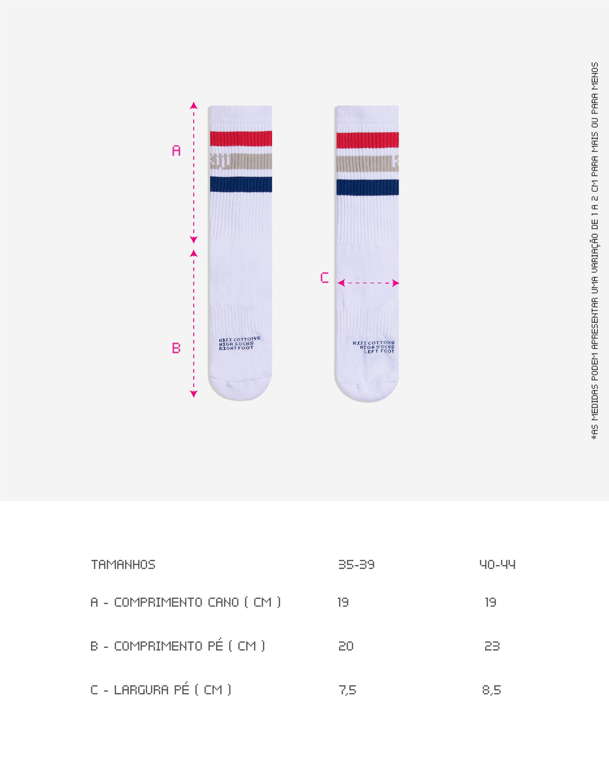 Guia de Tamanhos da Meia Kiji Stripes Sk8, disponíveis em 2 tamanhos: para quem calça de 35 à 39 ou 40 à 44. também está disponível por completo na descrição do produto.