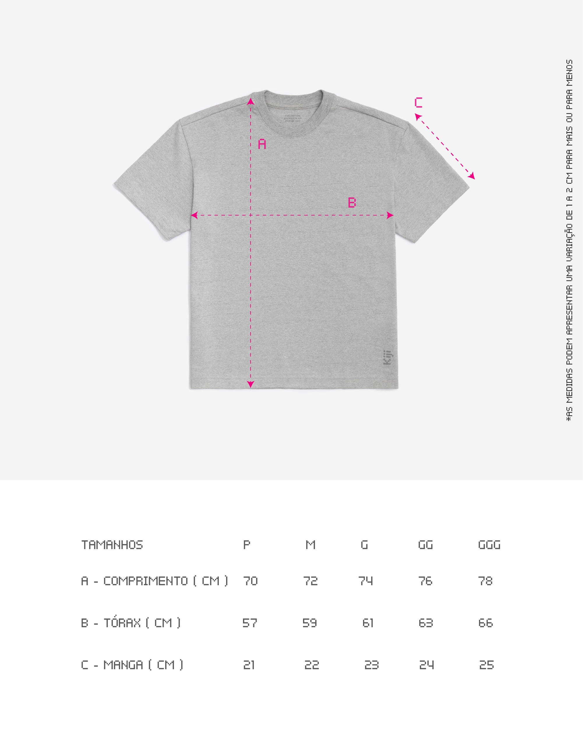 Guia de tamanhos da T-Shirt Heavy Kiji, valido para as 3 cores, as medidas estão disponíveis na descrição do produto.