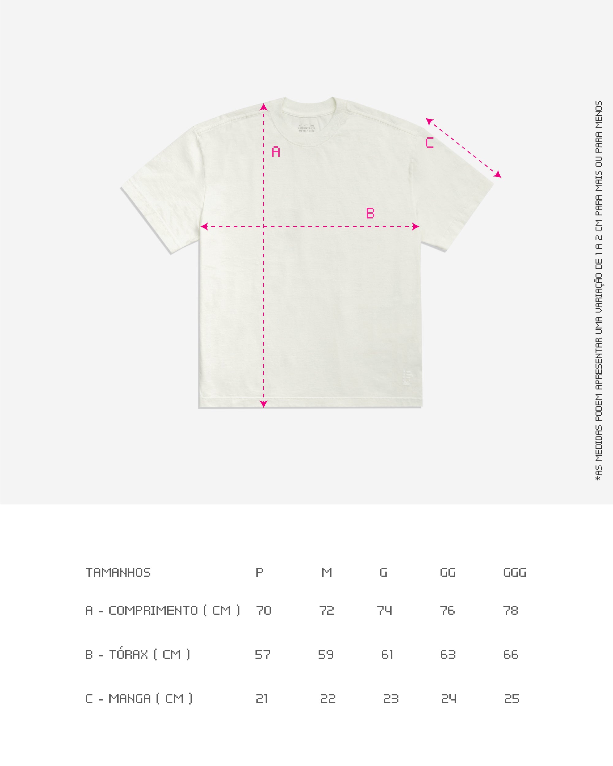 Guia de tamanhos da T-Shirt Heavy Kiji, valido para as 3 cores, as medidas estão disponíveis na descrição do produto.