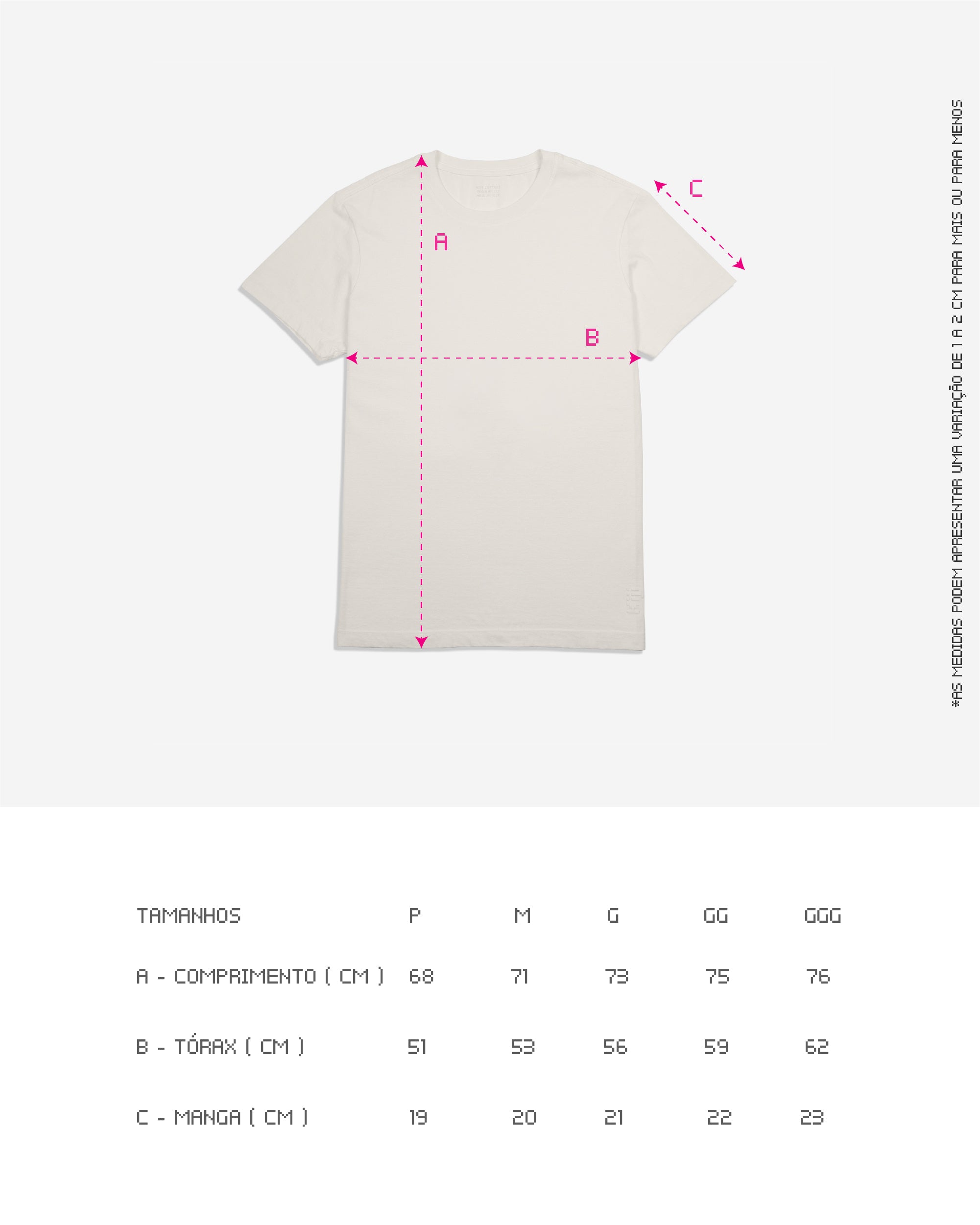 Guia de tamanhos da T-shirt-Classic Kiji, valido para as 2 cores, as medidas estão disponíveis na descrição do produto.