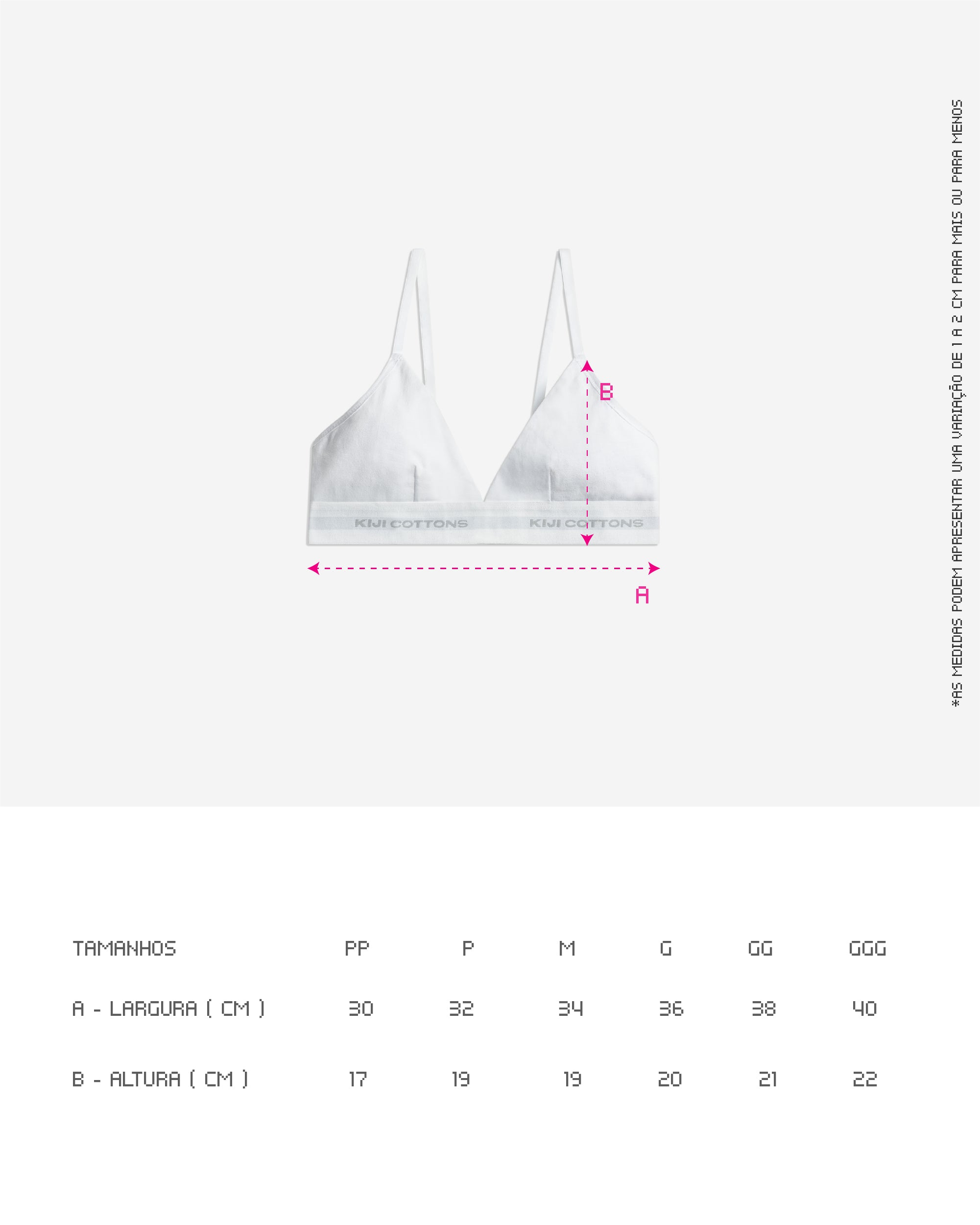 Guia de tamanhos do Top V Kiji, valido para as 2 cores, as medidas estão disponíveis na descrição do produto.