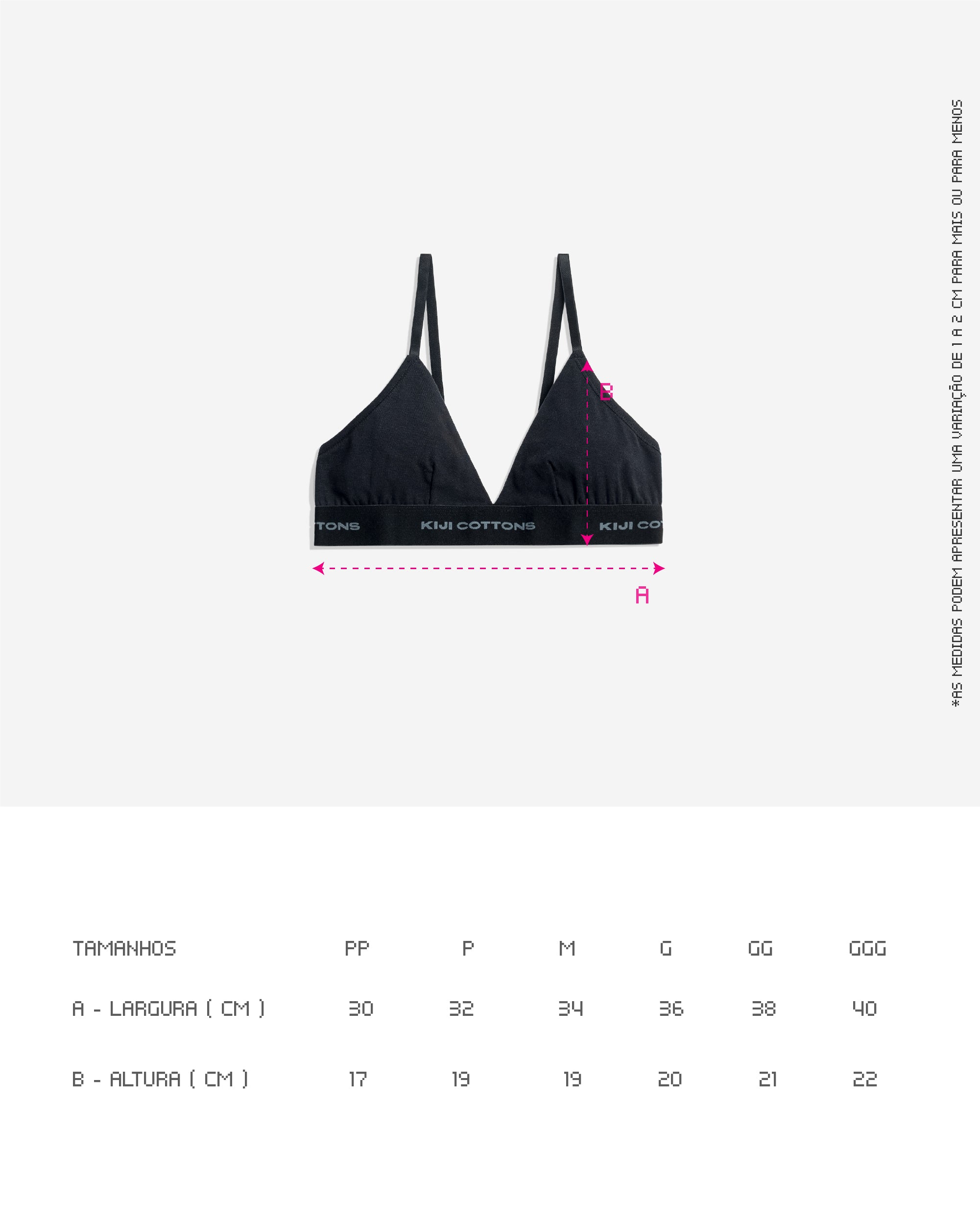 Guia de tamanhos do Top V Kiji, valido para as 2 cores, as medidas estão disponíveis na descrição do produto.