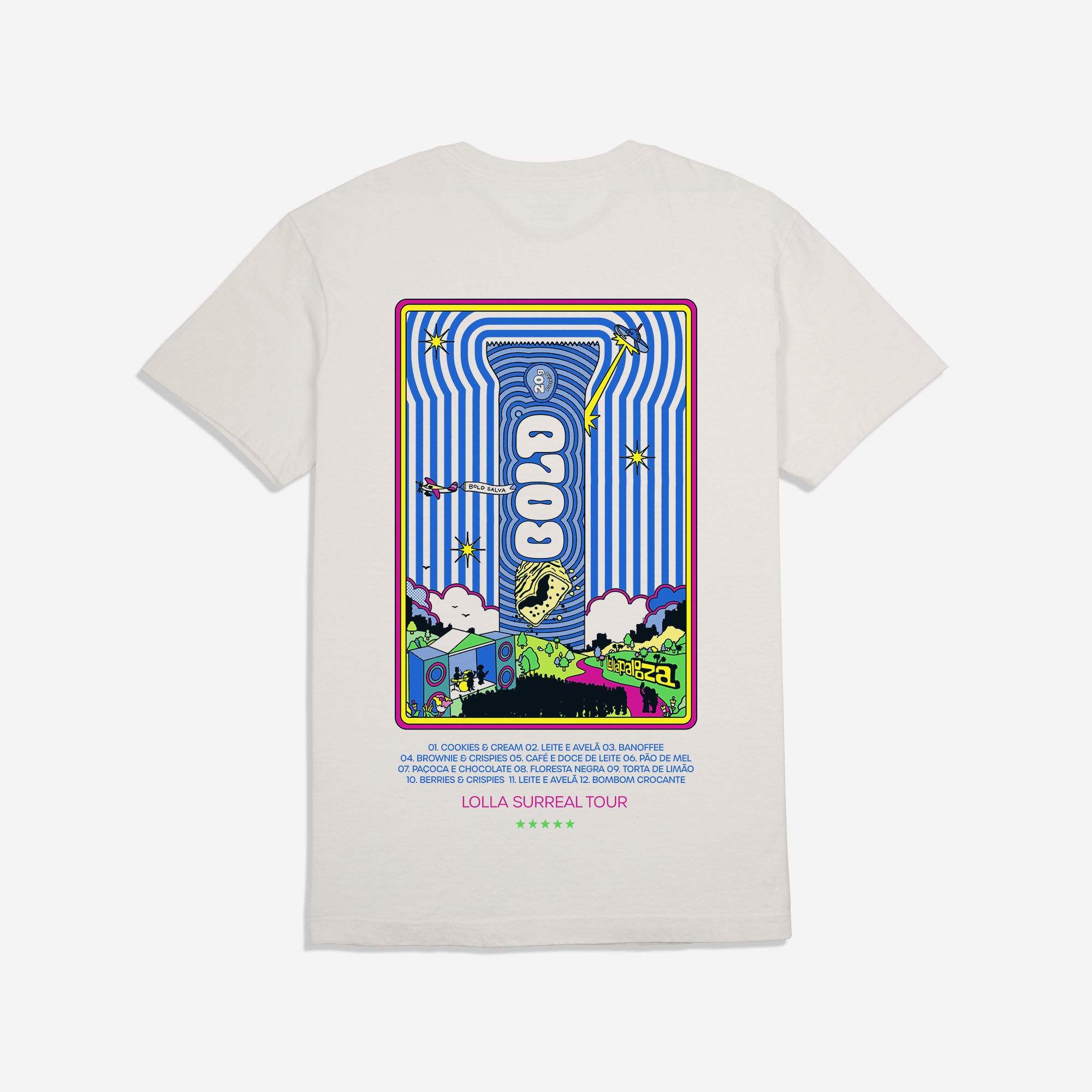 Foto Still das costas da T-Shirt Classic Kiji x BOLD Stage, a estampa consiste em uma arte vetorial retangular, dentro desse quadro temos os palcos do lollapalooza e a barrinha da bold, abaixo deste quadro temos o "lineup" com os sabores e o nome da "tour": LOLLA SURREAL TOUR 