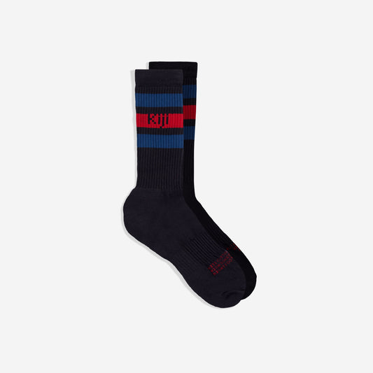 Meias Kiji Stripes SK8 de algodão vistas de lado, a meia é branca com o detalhe de 3 listras (azul, vermelho e azul) na canela e a indicação de pé esquerdo/direito no peito dos pés.